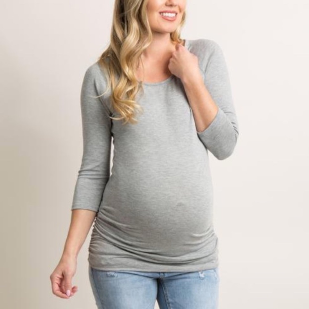 Heather Grey Solid 3/4 Sleeve Ruched Maternity Top